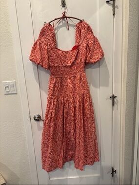 Red Puff-Sleeve Midi Dress by Anthropologie